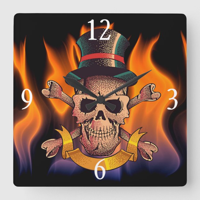 Flaming Skull Square Wall Clock (Front)