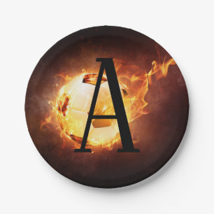 Flaming Soccer Ball Monogram Football Paper Plate