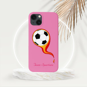 Flaming Soccer Ball on Rose Pink Personalised  iPhone 13 Case