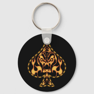 Flaming Spade Skull Key Ring