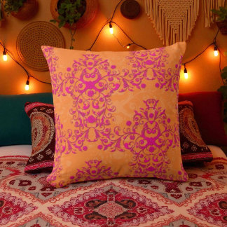 Flaming Tangerine Tango Orange and Pink Damask Cushion