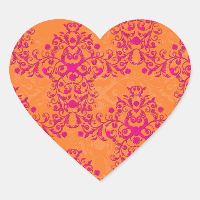 Flaming Tangerine Tango Orange and Pink Damask Heart Sticker (Front)