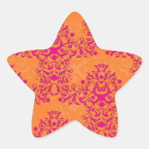 Flaming Tangerine Tango Orange and Pink Damask Star Sticker