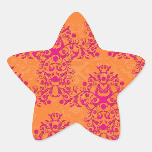 Flaming Tangerine Tango Orange and Pink Damask Star Sticker (Front)