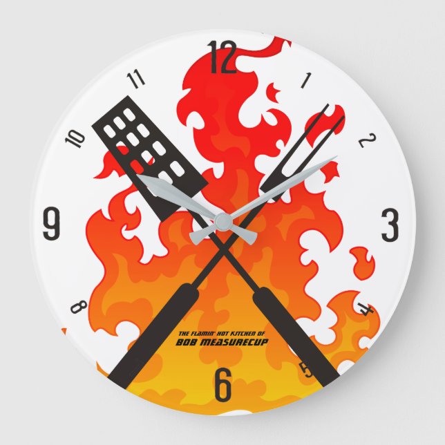 Flaming utensils bbq grilling kitchen clock (Front)