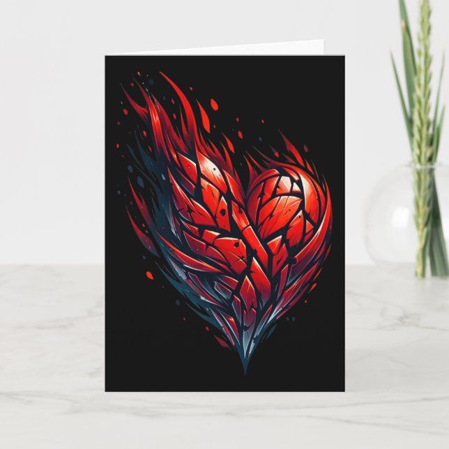 Flaming Valentine Red Heart On Fire  Card (Front)