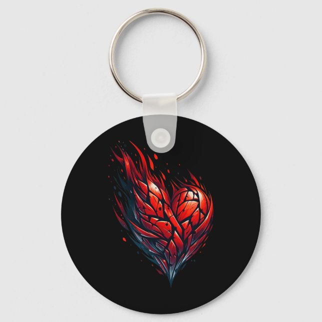 Flaming Valentine Red Heart On Fire  Key Ring (Front)