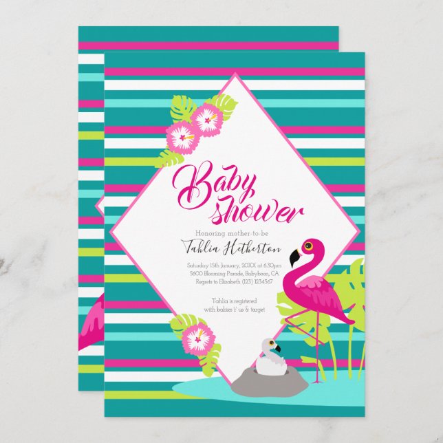 Flamingle flamingo baby shower invitations (Front/Back)