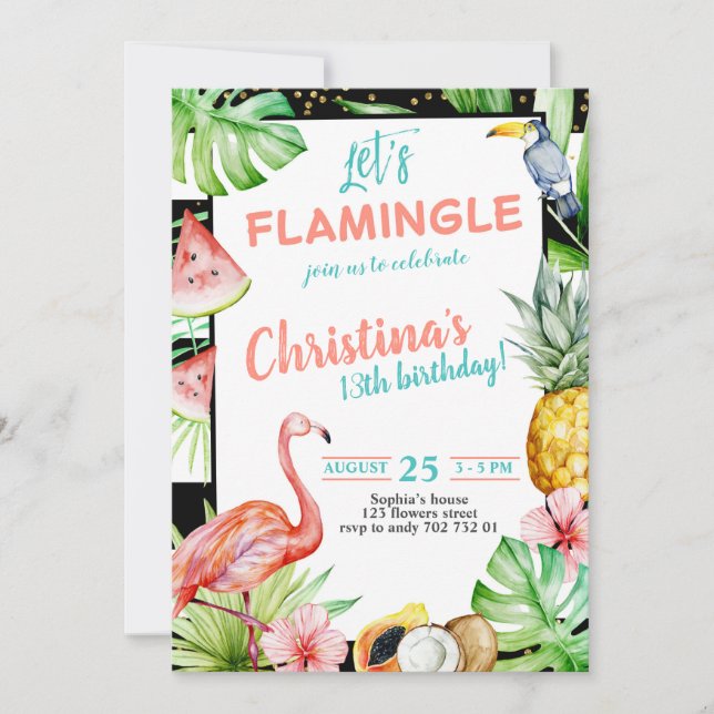 Flamingle Girl Birthday Party Pink Flamingo Invitation (Front)