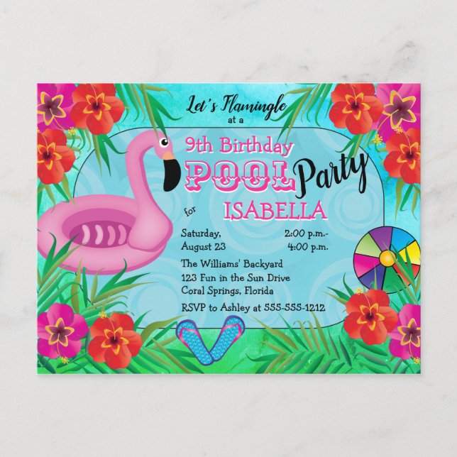 Flamingle Pink Floral 12th Birthday Pool Party Invitation Postcard (Front)