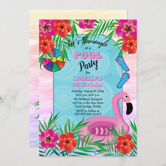 Flamingle Pink Floral 5th Birthday Pool Party Invitation (Front/Back)