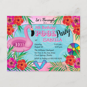Flamingle Pink Floral 5th Birthday Pool Party Invitation Postcard
