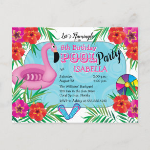 Flamingle Pink Floral 8th Birthday Pool Party Invitation Postcard