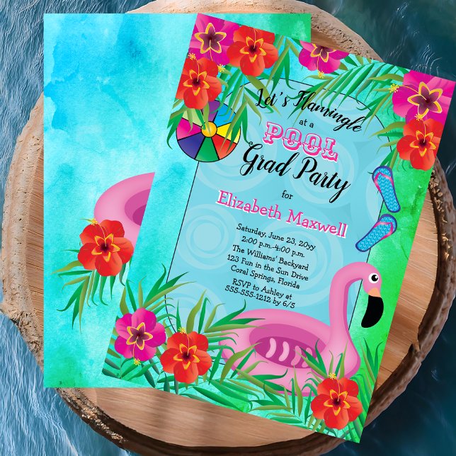 Flamingle Pink Floral Graduation Pool Party Invitation (Flamingle Pink Floral Tropical Graduation Pool Party Invitation - Print and/or Digital Download)