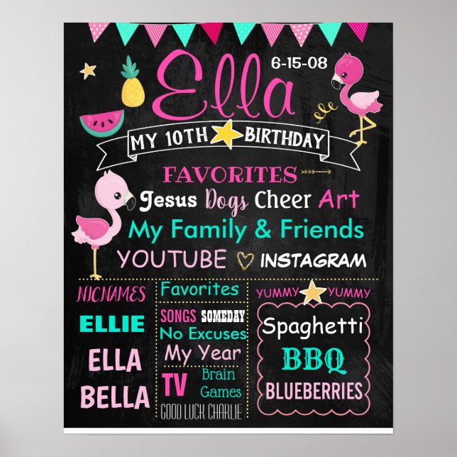 Flamingo 10th Birthday chalkboard sign poster (Front)