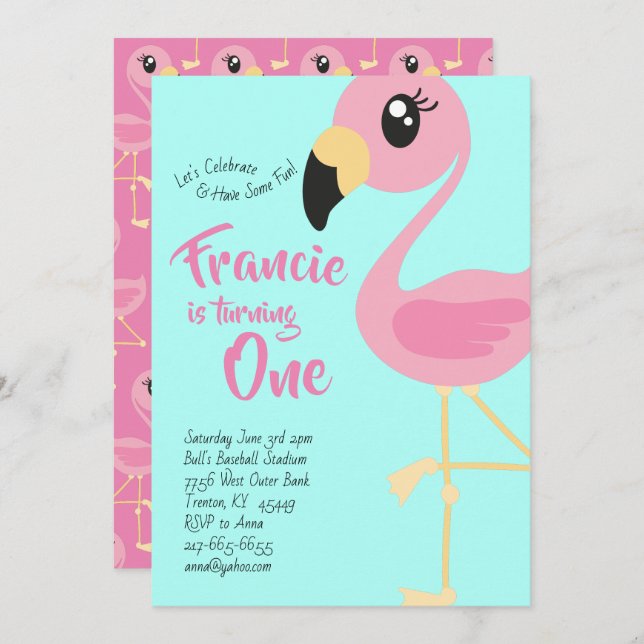 Flamingo 1st Birthday Cute Invitations (Front/Back)