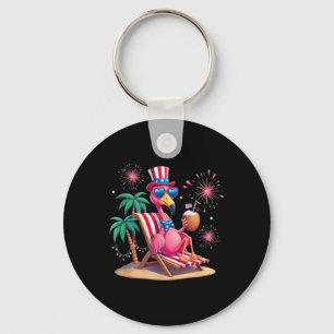 Flamingo 4th Of July American Flamingos And Firewo Key Ring