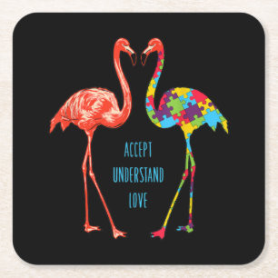 Flamingo   Accept Understand Love Autism Flamingo Square Paper Coaster