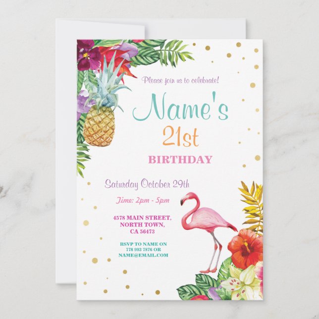 Flamingo Aloha 21st Birthday Party Invite Any Age (Front)