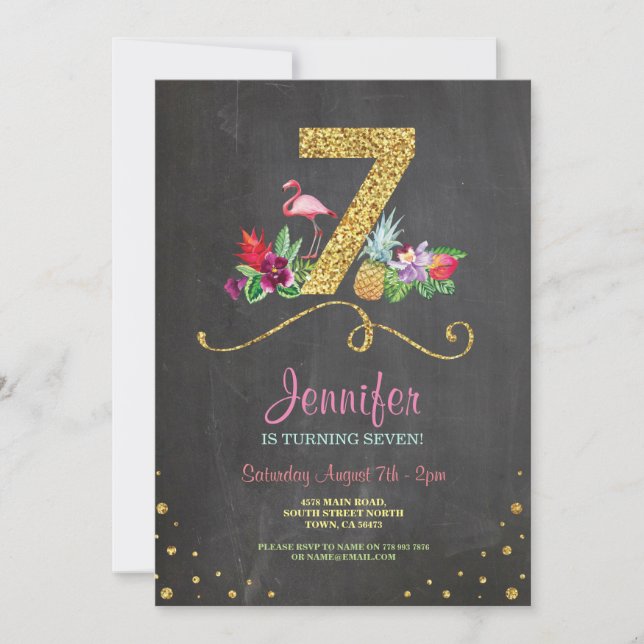 Flamingo Aloha 7th Birthday 7 Party Chalk Invite (Front)