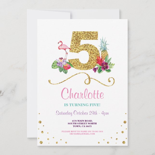 Flamingo Aloha Fifth 5th 5 Birthday Party Invite (Front)