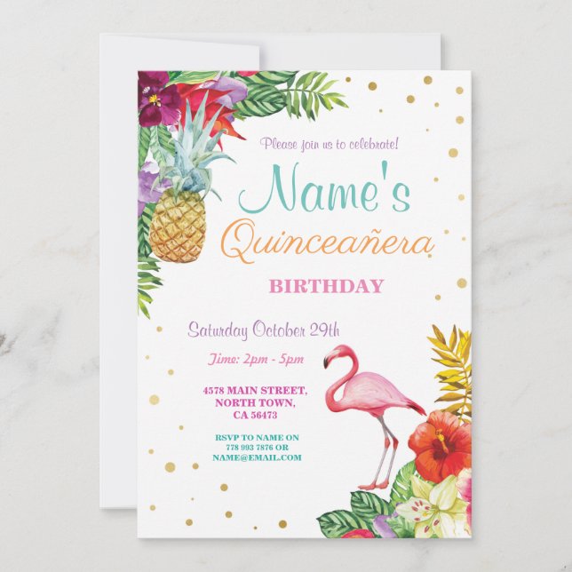 Flamingo Aloha Quinceanera Birthday Party Invite (Front)