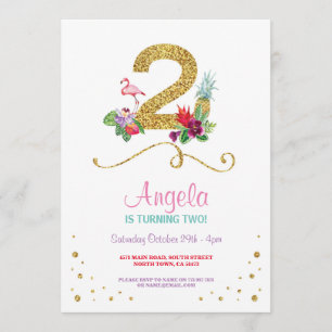 Flamingo Aloha Second 2nd 2 Birthday Party Invite