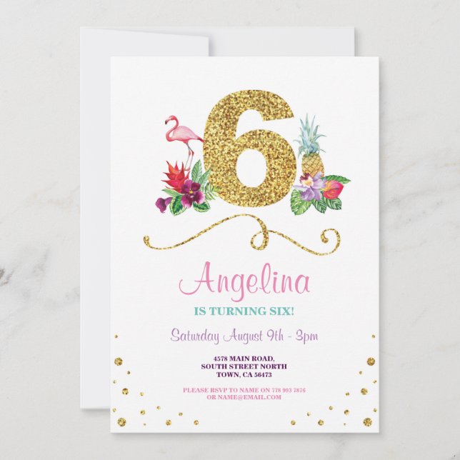 Flamingo Aloha Sixth 6th Six Birthday Party Invite (Front)