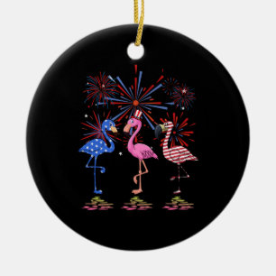 Flamingo American Flag For 4th July Ceramic Ornament