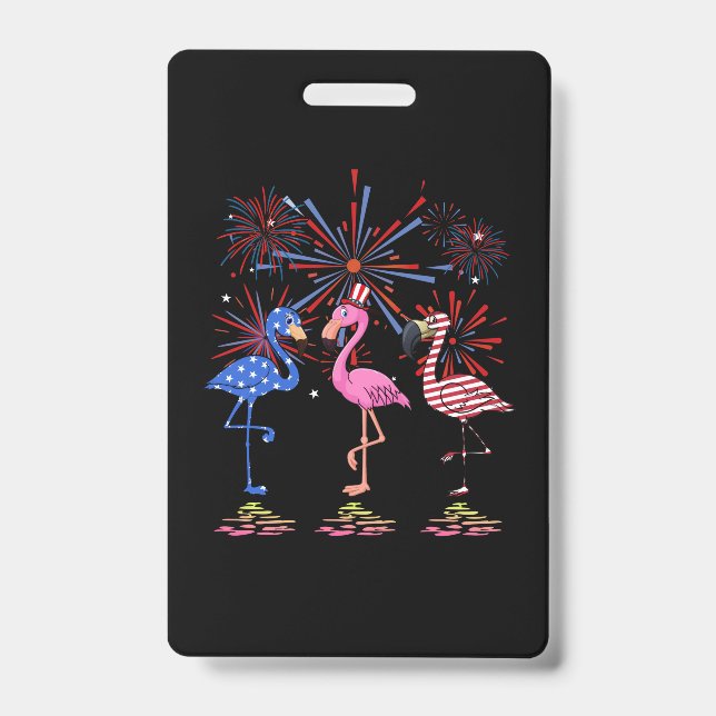 Flamingo American Flag For 4th July ID Badge (Front)