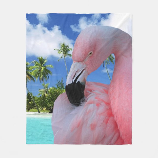 Flamingo and Beach Fleece Blanket (Front)