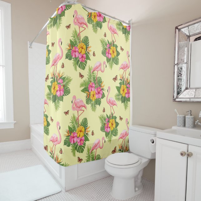 Flamingo and Butterflies 2 Shower Curtain (In Situ)
