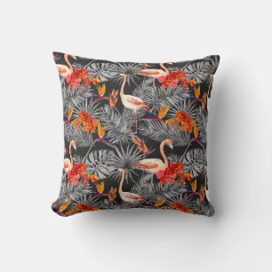 Flamingo and flowers, monochrome pattern. cushion