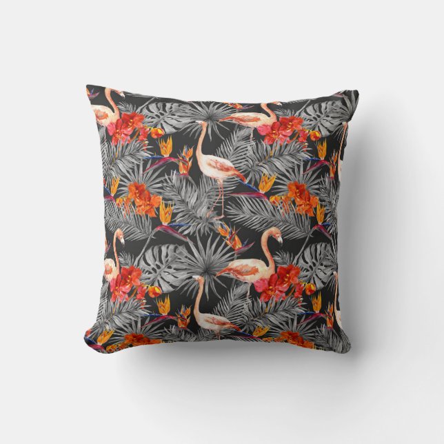 Flamingo and flowers, monochrome pattern. cushion (Front)
