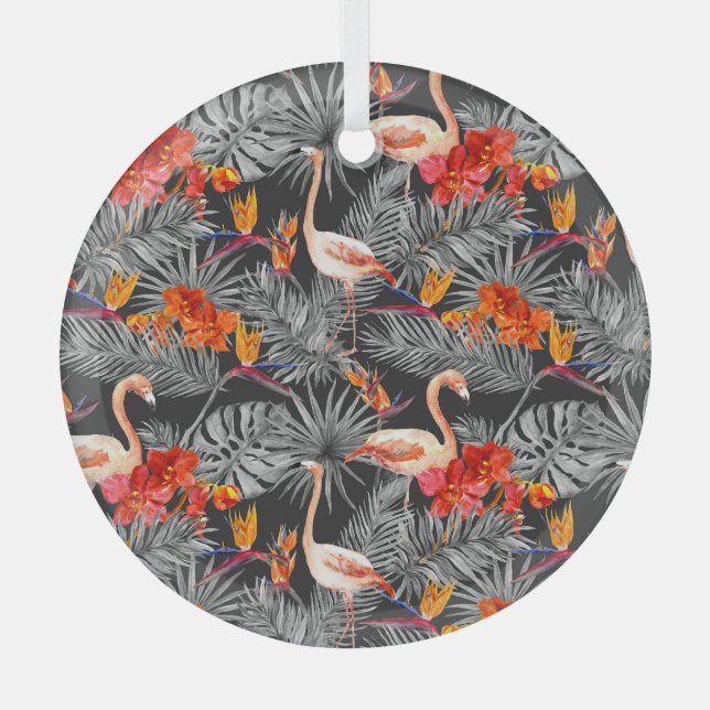 Flamingo and flowers, monochrome pattern. glass tree decoration (Front)