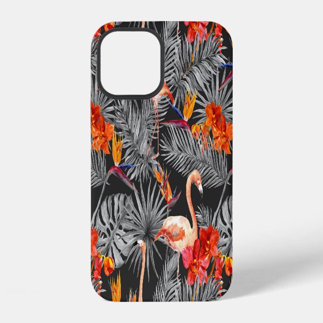 Flamingo and flowers, monochrome pattern. iPhone case (Back)