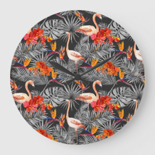 Flamingo and flowers, monochrome pattern. large clock