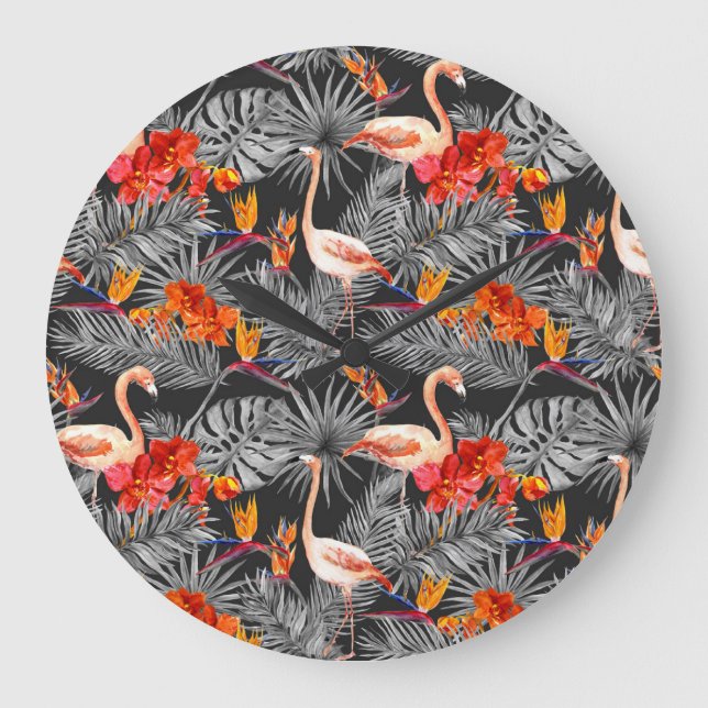Flamingo and flowers, monochrome pattern. large clock (Front)