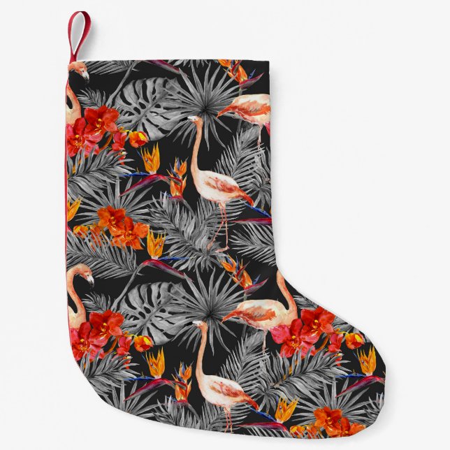 Flamingo and flowers, monochrome pattern. small christmas stocking (Front)