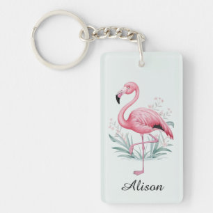 Flamingo and Flowers Personalised Key Ring