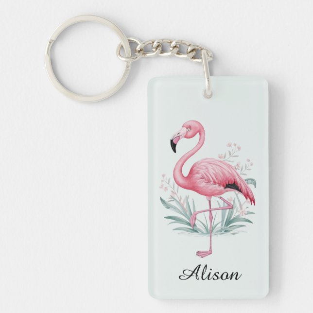 Flamingo and Flowers Personalised Key Ring (Front)