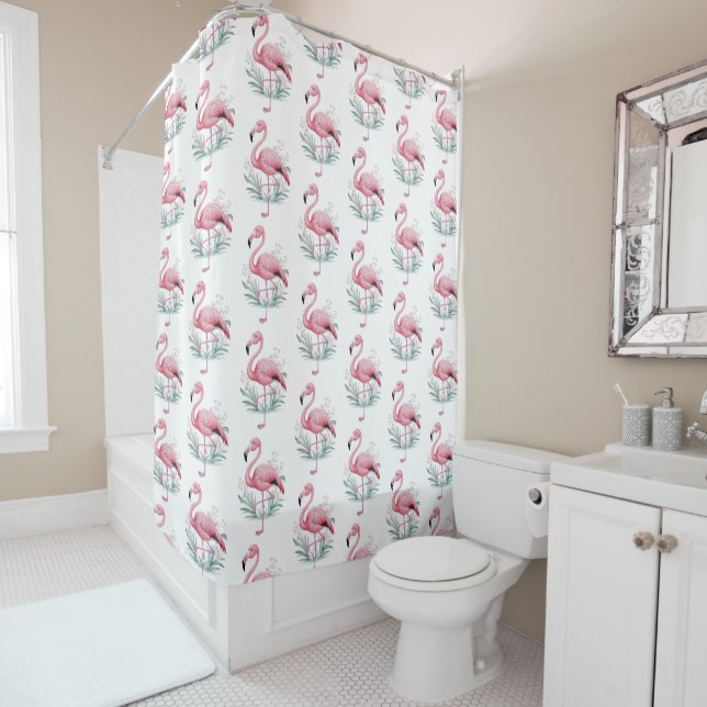 Flamingo and Flowers Shower Curtain (In Situ)