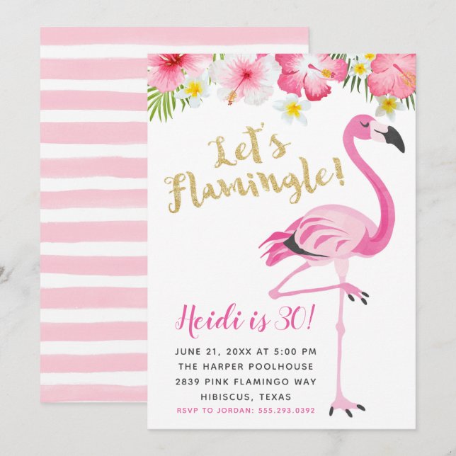 Flamingo and Hibiscus Birthday Party Invitation (Front/Back)