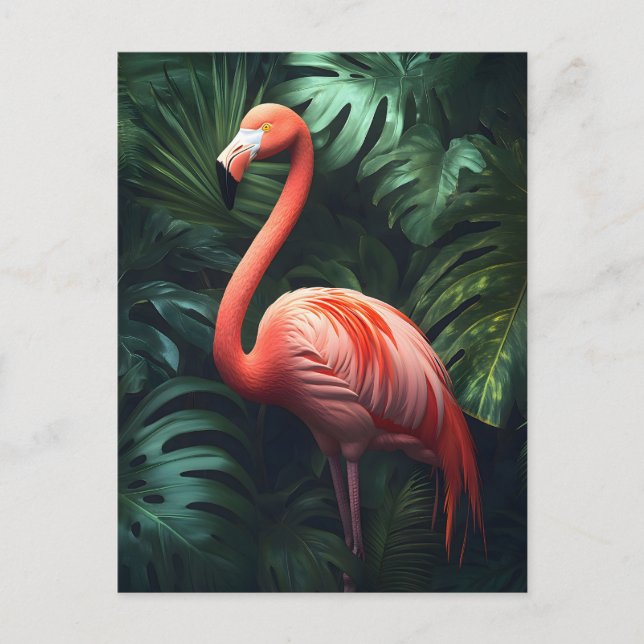 Flamingo and Jungle Leaves Postcard (Front)