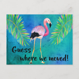 Flamingo and Palm Leaves Change of Address Announcement Postcard