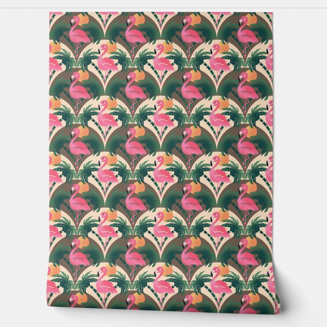 Flamingo and Palms Retro brown pattern Wallpaper (Unrolling)