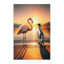 Flamingo and Penguin Sunset Encounter