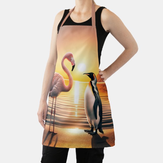 Flamingo and Penguin Sunset Encounter Apron (Insitu)