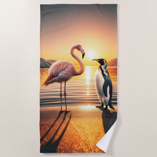 Flamingo and Penguin Sunset Encounter Beach Towel (Front)