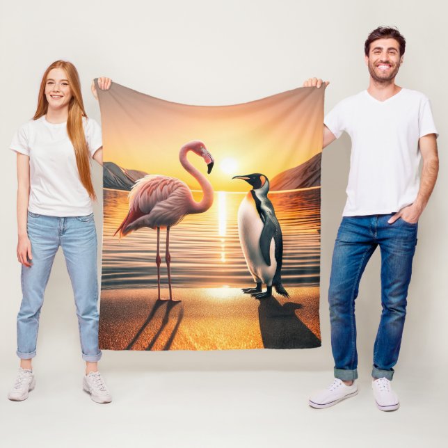 Flamingo and Penguin Sunset Encounter Fleece Blanket (In Situ)